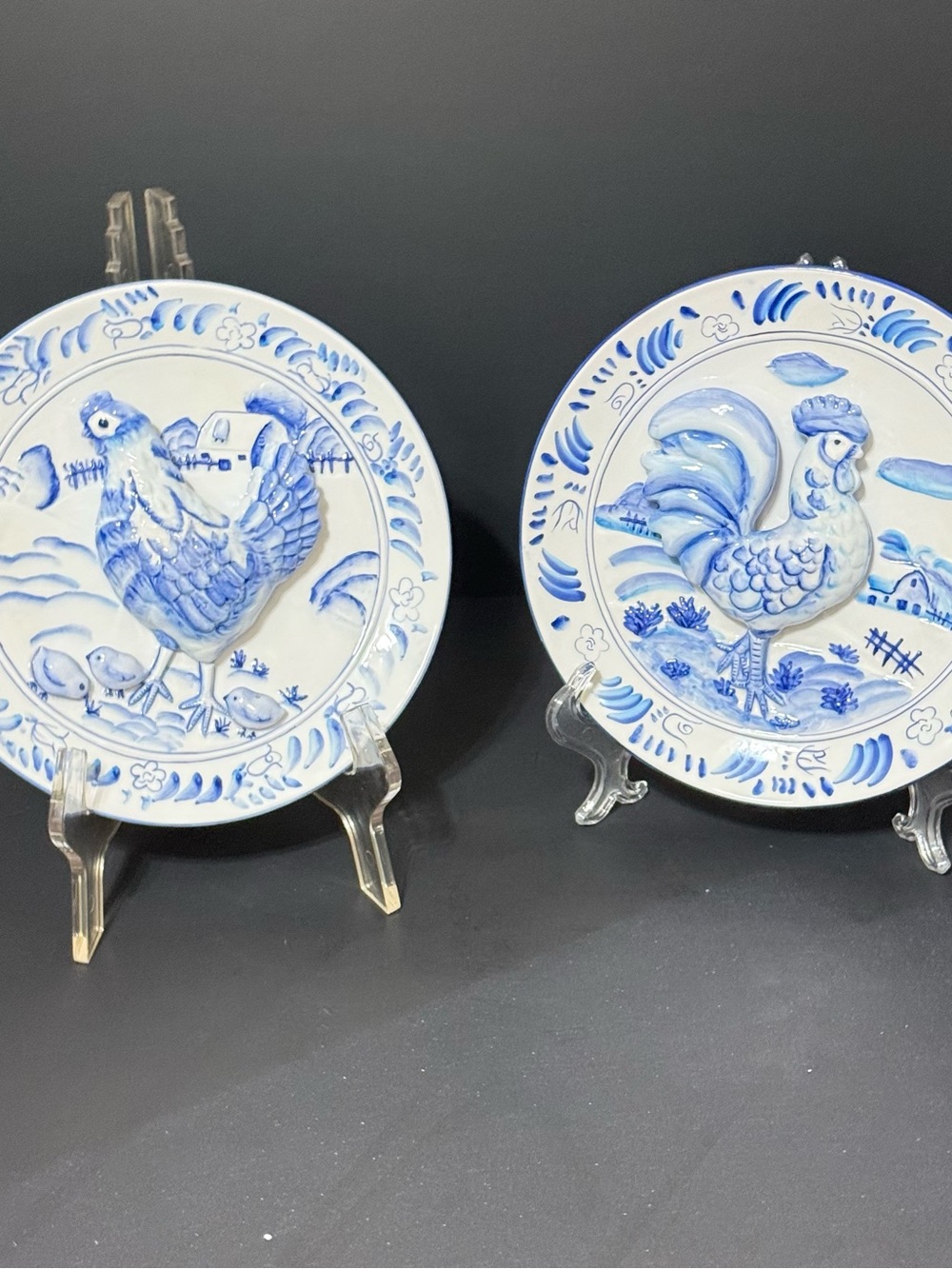 2 Bella Casa Plates Blue White Ganz 3D Chicken Rooster French Country Cottage